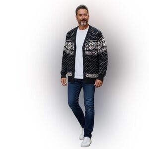 POLO RALPH LAUREN CARDIGAN SWEATER -4XB BIG- BLACK WHITE RED FAIR ISLE SNOWFLAKE